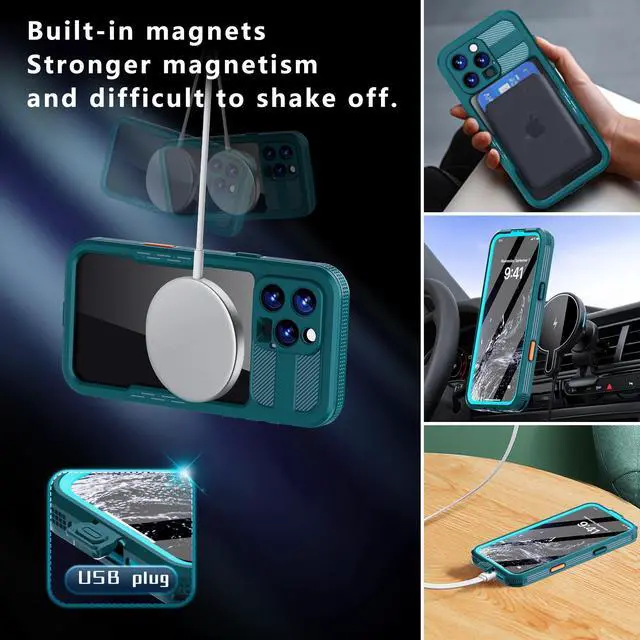 Alt view image 4 of 7 - BONAEVER for iPhone 16 Pro Max Waterproof Case Compatible with MagSafe, Magnetic Waterproof Full Body IP68 Underwater Case Built-in Screen Protector Dropproof Dustproof Shockproof Cover Blue