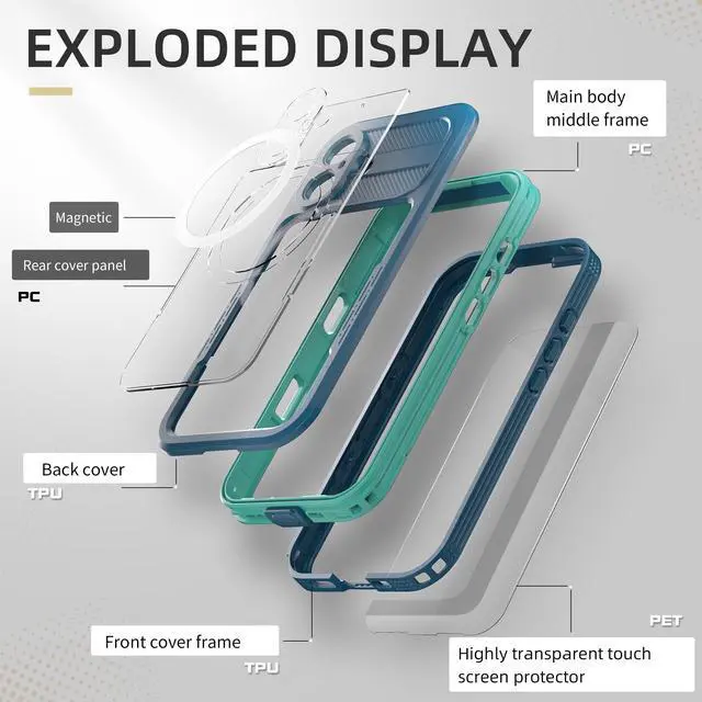 Alt view image 6 of 7 - BONAEVER for iPhone 16 Waterproof Case Compatible with MagSafe, Magnetic Waterproof Full Body IP68 Underwater Case Built-in Screen Protector Dropproof Dustproof Shockproof Cover Blue