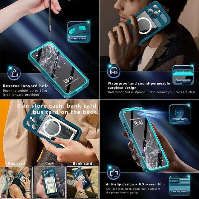 Alt view image 6 of 7 - BONAEVER for iPhone 16 Pro Max Waterproof Case Compatible with MagSafe, Magnetic Waterproof Full Body IP68 Underwater Case Built-in Screen Protector Dropproof Dustproof Shockproof Cover Blue