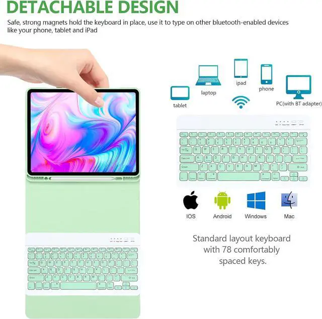 Alt view image 3 of 7 - Keyboard Case with Mouse for iPad Air 13 inch M3 M2 2025 2024 / iPad Pro 12.9 inch 6th 5th 4th 3rd Generation 2022 2021 2020 2018 - Wireless Detachable Keyboard- Pencil Holder Mint Green