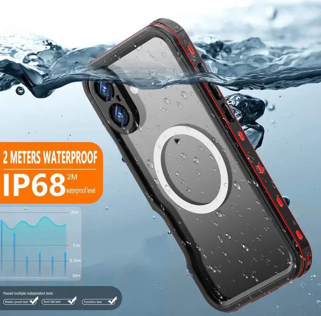 Alt view image 3 of 7 - BONAEVER Waterproof Case for iPhone 16 Plus 6.7 inch with MagSafe Snowproof,Dustproof and Shockproof, IP68 Certified Full Body Protection Fully Sealed Underwater Cover for iPhone 16 Plus 6.7" Red