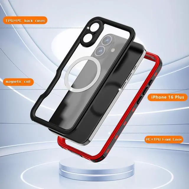 Alt view image 5 of 7 - BONAEVER Waterproof Case for iPhone 16 Plus 6.7 inch with MagSafe Snowproof,Dustproof and Shockproof, IP68 Certified Full Body Protection Fully Sealed Underwater Cover for iPhone 16 Plus 6.7" Red