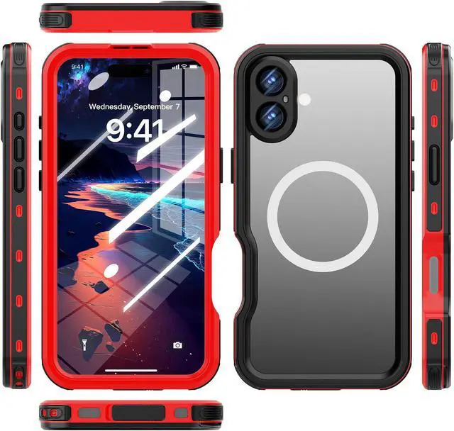 Alt view image 7 of 7 - BONAEVER Waterproof Case for iPhone 16 Plus 6.7 inch with MagSafe Snowproof,Dustproof and Shockproof, IP68 Certified Full Body Protection Fully Sealed Underwater Cover for iPhone 16 Plus 6.7" Red