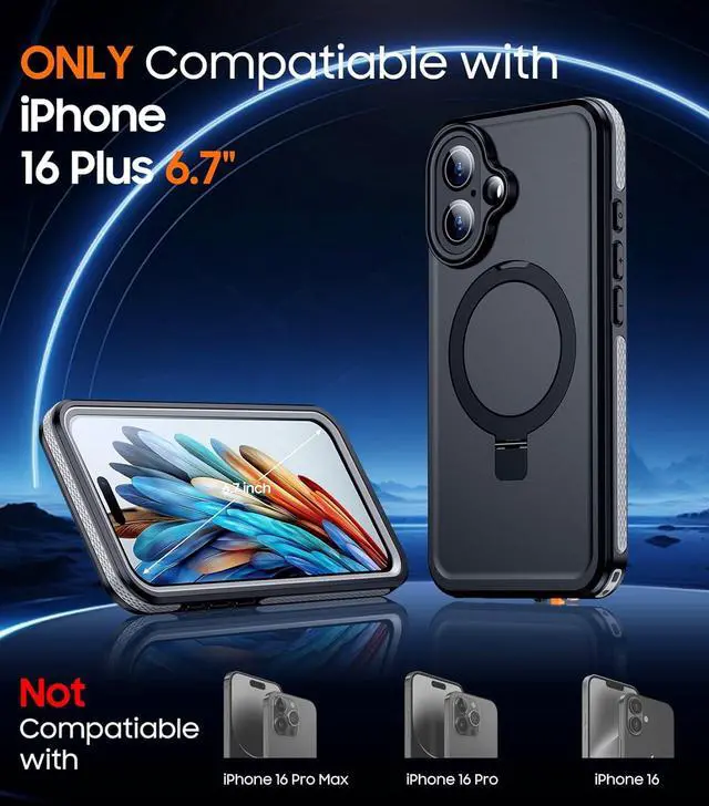 Alt view image 2 of 7 - BONAEVER Magnetic for iPhone 16 Plus Case Waterproof, [Built-in Ring Invisible Stand & Screen Protector][IP68 Underwater][Dropproof][Dustproof][Real 360] Shockproof Protective Phone Case 6.7''