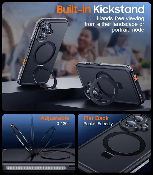 Alt view image 4 of 7 - BONAEVER Magnetic for iPhone 16 Plus Case Waterproof, [Built-in Ring Invisible Stand & Screen Protector][IP68 Underwater][Dropproof][Dustproof][Real 360] Shockproof Protective Phone Case 6.7''
