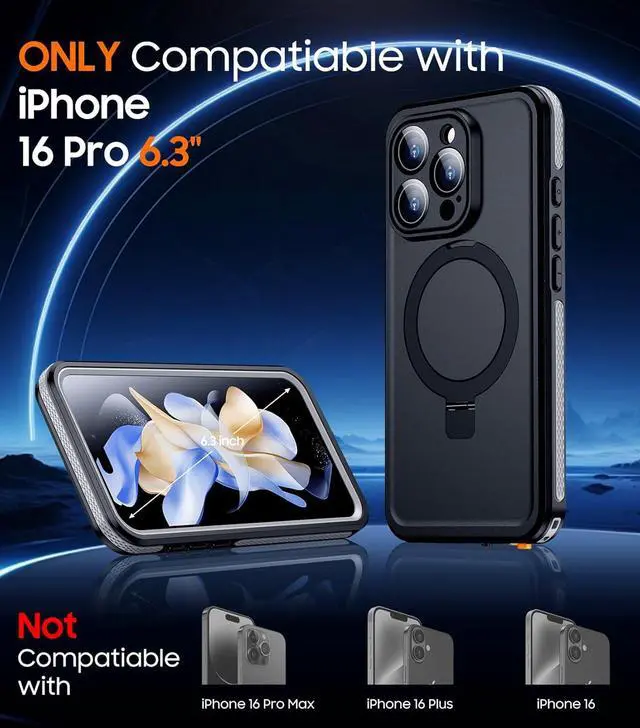 Alt view image 2 of 7 - BONAEVER Magnetic for iPhone 16 Pro Case Waterproof, [Built-in Ring Invisible Stand & Screen Protector][IP68 Underwater][Dropproof][Dustproof][Real 360] Shockproof Protective Phone Case 6.3''