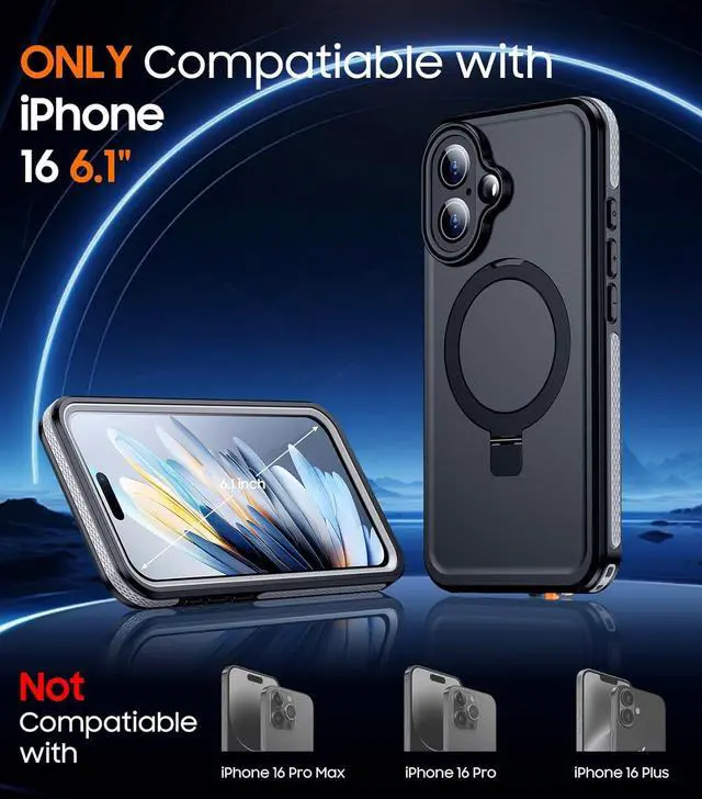 Alt view image 2 of 7 - BONAEVER Magnetic for iPhone 16 Case Waterproof, [Built-in Ring Invisible Stand & Screen Protector][IP68 Underwater][Dropproof][Dustproof][Real 360] Shockproof Protective Phone Case 6.1''