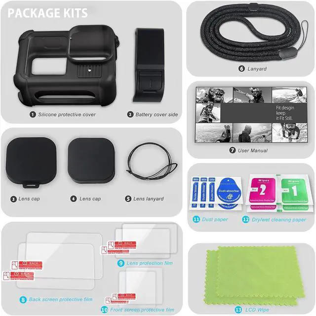 Alt view image 7 of 7 - BONAEVER Black Silicone Sleeve Rubber Protective Case Only Applicable to Go Pro Hero 13 Black Standard Lens,Battery Side Cover&Screen Protectors& Lens Caps&Lanyard for Hero 13 Black Accessories Kit
