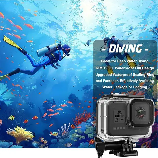 Alt view image 4 of 7 - BONAEVER Compatible for Go Pro Hero 8 Black Waterproof Housing Case 60M/196FT Protective Underwater Dive Case Shell with Cameras Handle Mount Accessories Kit