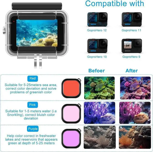 Alt view image 2 of 7 - BONAEVER Accessories Kit for GoPro Hero 13 Black 60M Waterproof Housing Case with Underwater Float Handle Silicone Sleeve Lens Cap Screen Protectors Dive Filters Anti-Fog Inserts Carrying Case