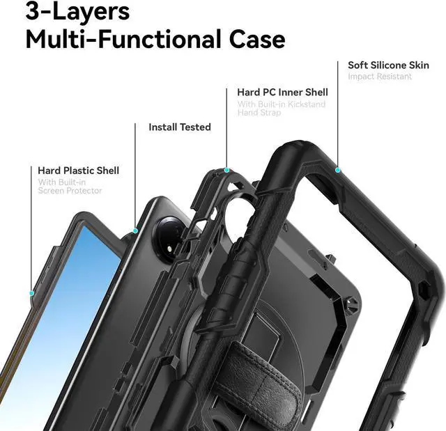 Alt view image 5 of 7 - BONAEVER Case for Xiaomi Redmi Pad SE 8.7 inch 2024, Shockproof Cover with Built-in Screen Protector 360 Rotate Stand Hand Strap Shoulder Strap Pencil Holder