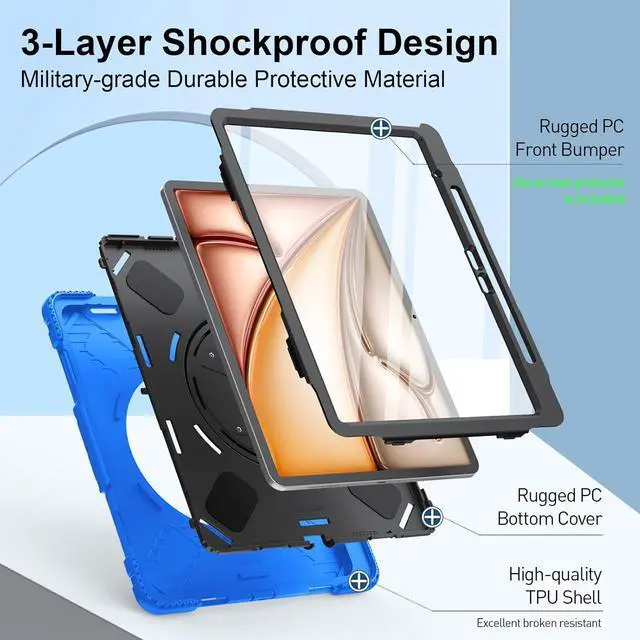 Alt view image 7 of 7 - BONAEVER Case for iPad Air 13 Inch Case M3 2025 M2 2024, Rugged iPad Pro 12.9 6th/5th/4th/3rd Generation Case with Screen Protector/Kickstand/Handle Grip/Shoulder Strap/Pencil Holder Blue