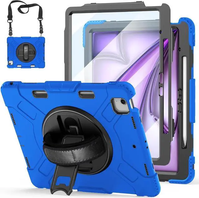 Main image of BONAEVER Case for iPad Air 13 Inch Case M3 2025 M2 2024, Rugged iPad Pro 12.9 6th/5th/4th/3rd Generation Case with Screen Protector/Kickstand/Handle Grip/Shoulder Strap/Pencil Holder Blue