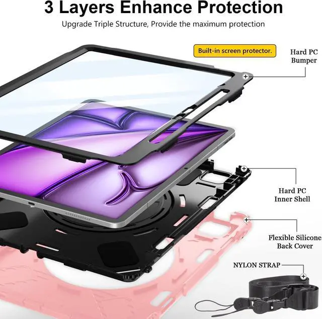 Alt view image 5 of 6 - BONAEVER Case for iPad Air 13 Inch Case M3 2025 M2 2024, Rugged iPad Pro 12.9 6th/5th/4th/3rd Generation Case with Screen Protector/Kickstand/Handle Grip/Shoulder Strap/Pencil Holder Pink