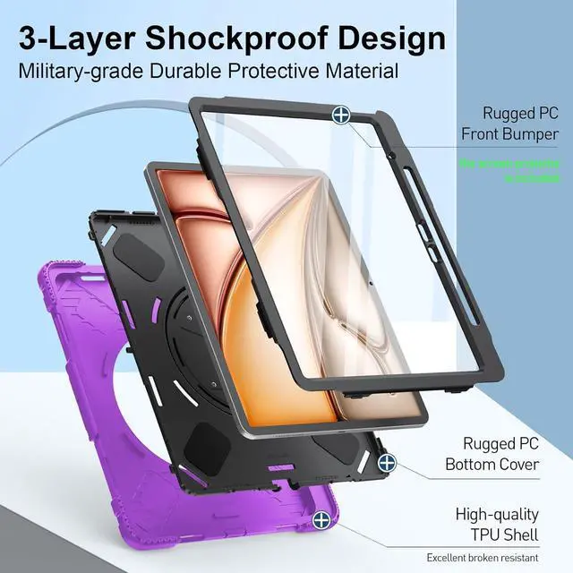 Alt view image 7 of 7 - BONAEVER Case for iPad Air 13 Inch Case M3 2025 M2 2024, Rugged iPad Pro 12.9 6th/5th/4th/3rd Generation Case with Screen Protector/Kickstand/Handle Grip/Shoulder Strap/Pencil Holder Purple