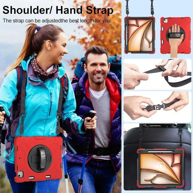 Alt view image 5 of 7 - BONAEVER Case for iPad Air 13 Inch Case M3 2025 M2 2024, Rugged iPad Pro 12.9 6th/5th/4th/3rd Generation Case with Screen Protector/Kickstand/Handle Grip/Shoulder Strap/Pencil Holder Red
