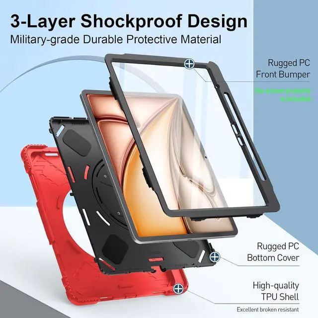 Alt view image 7 of 7 - BONAEVER Case for iPad Air 13 Inch Case M3 2025 M2 2024, Rugged iPad Pro 12.9 6th/5th/4th/3rd Generation Case with Screen Protector/Kickstand/Handle Grip/Shoulder Strap/Pencil Holder Red