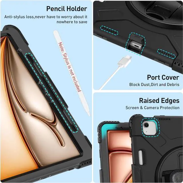 Alt view image 4 of 7 - BONAEVER Case for iPad Air 13 Inch Case M3 2025 M2 2024, iPad Pro 12.9 6th/5th/4th/3rd Gen Shockproof Silicone Cover with Screen Protector+Hand Strap+Shoulder Strap+Rotating Kickstand+Pencil Holder