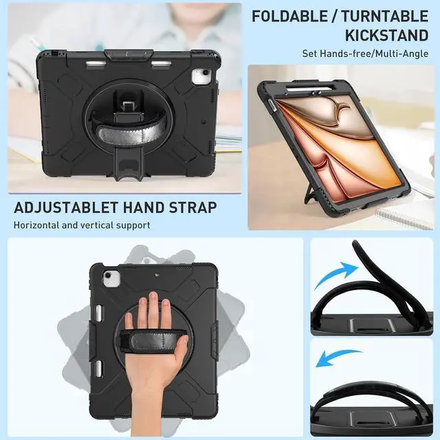 Alt view image 5 of 7 - BONAEVER Case for iPad Air 13 Inch Case M3 2025 M2 2024, iPad Pro 12.9 6th/5th/4th/3rd Gen Shockproof Silicone Cover with Screen Protector+Hand Strap+Shoulder Strap+Rotating Kickstand+Pencil Holder