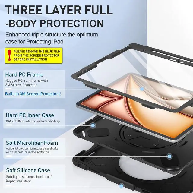 Alt view image 7 of 7 - BONAEVER Case for iPad Air 13 Inch Case M3 2025 M2 2024, iPad Pro 12.9 6th/5th/4th/3rd Gen Shockproof Silicone Cover with Screen Protector+Hand Strap+Shoulder Strap+Rotating Kickstand+Pencil Holder