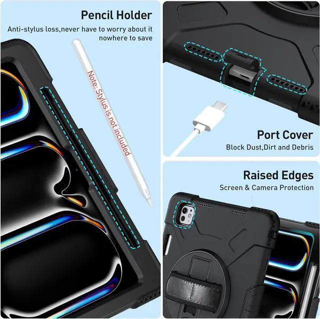Alt view image 5 of 7 - BONAEVER Case for iPad Pro 11 Inch 5th Generation 2024 Model A2836 A2837 A3006 with Built-in Screen Protector, 360° Rotating Stand, Adjustable Shoulder Strap, Pencil Holder