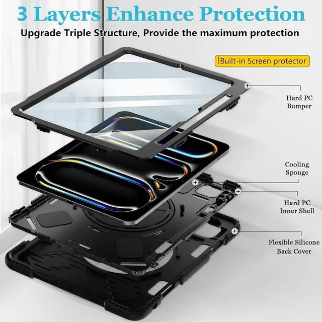 Alt view image 7 of 7 - BONAEVER Case for iPad Pro 11 M4 2024 Model A2836 A2837 A3006 Protective Cover for iPad Pro 11 Inch 5th Generation with Built-in Screen Protector, 360° Rotating Stand, Shoulder Strap, Pencil Holder