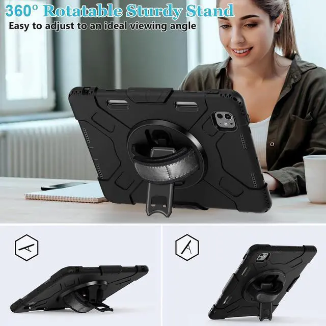 Alt view image 3 of 7 - BONAEVER Case for iPad Pro 11 M4 2024 Model A2836 A2837 A3006 Protective Cover for iPad Pro 11 Inch 5th Generation with Built-in Screen Protector, 360° Rotating Stand, Shoulder Strap, Pencil Holder