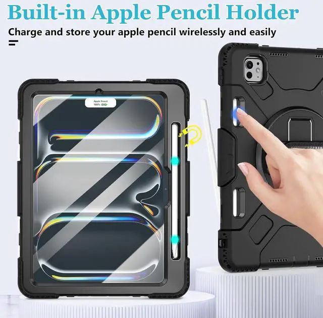 Alt view image 5 of 7 - BONAEVER Case for iPad Pro 11 M4 2024 Model A2836 A2837 A3006 Protective Cover for iPad Pro 11 Inch 5th Generation with Built-in Screen Protector, 360° Rotating Stand, Shoulder Strap, Pencil Holder
