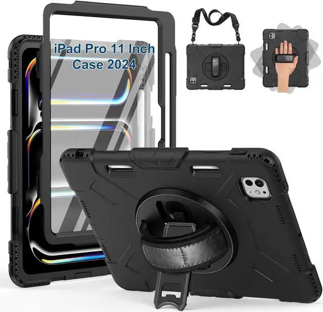 Main image of BONAEVER Case for iPad Pro 11 M4 2024 Model A2836 A2837 A3006 Protective Cover for iPad Pro 11 Inch 5th Generation with Built-in Screen Protector, 360° Rotating Stand, Shoulder Strap, Pencil Holder