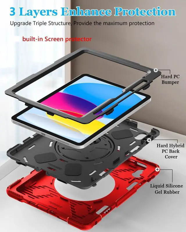 Alt view image 7 of 7 - BONAEVER Case for iPad (A16) 11th Generation 11 Inch 2025, iPad 10th Generation 10.9 inch 2022 Protective Cover with Screen Protector/Pencil Holder/Rotating Stand/Hand Strap/Shoulder Strap Red