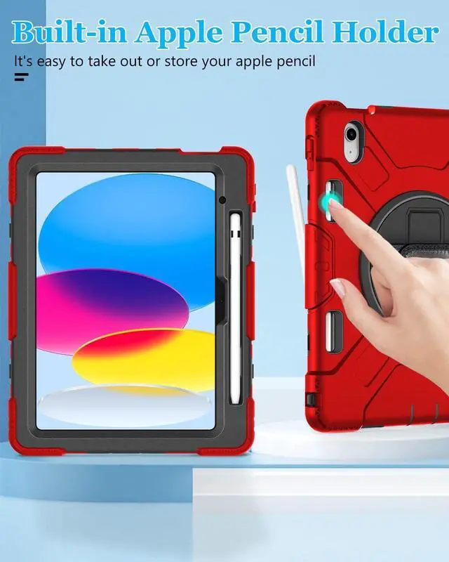 Alt view image 5 of 7 - BONAEVER Case for iPad (A16) 11th Generation 11 Inch 2025, iPad 10th Generation 10.9 inch 2022 Protective Cover with Screen Protector/Pencil Holder/Rotating Stand/Hand Strap/Shoulder Strap Red