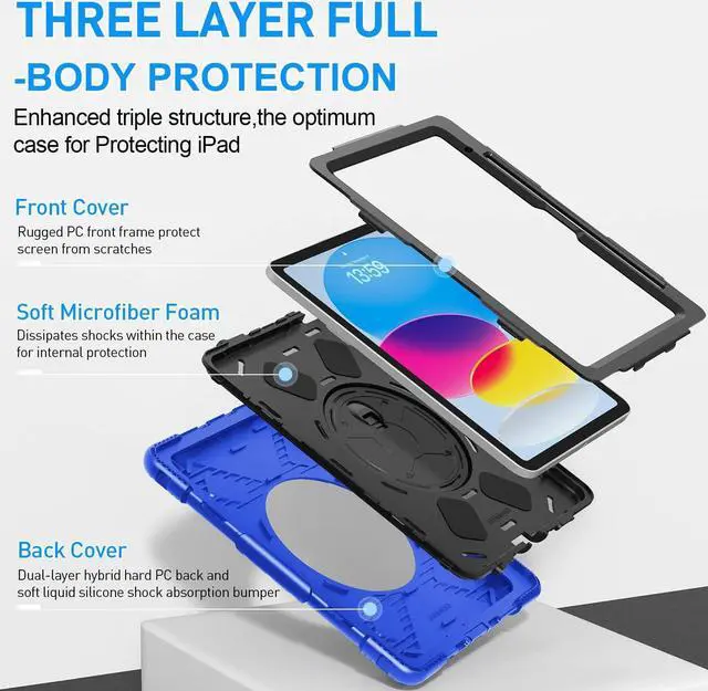 Alt view image 7 of 7 - BONAEVER Case for iPad (A16) 11th Generation 11 Inch 2025, iPad 10th Generation 10.9 inch 2022 Protective Cover with Screen Protector/Pencil Holder/Rotating Stand/Hand Strap/Shoulder Strap Blue