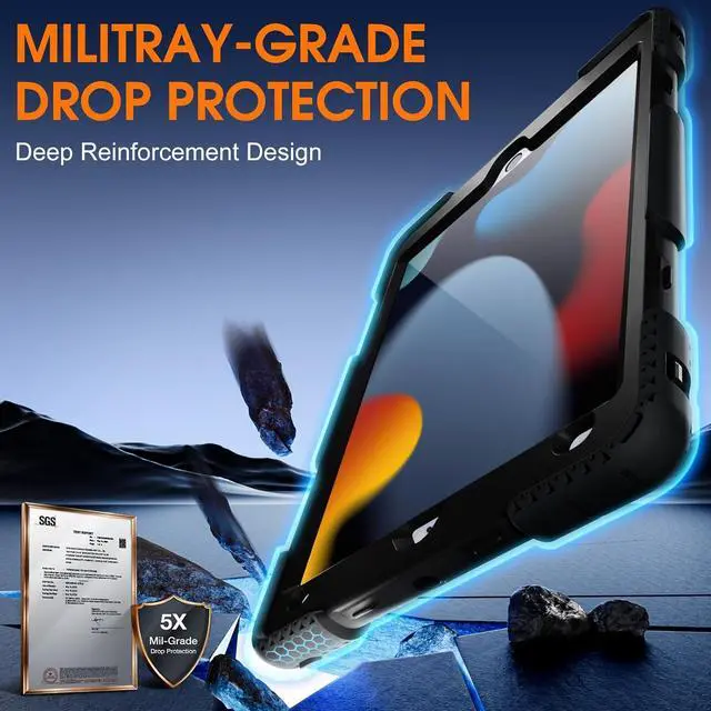 Alt view image 4 of 7 - BONAEVER Case For iPad 9th 8th 7th Generation 10.2 inch with Screen Protector, Shockproof Cover for iPad 10.2 inch 2021 2020 2019 with Pencil Holder, 360° Rotating Hand Strap Kickstand Shoulder Strap