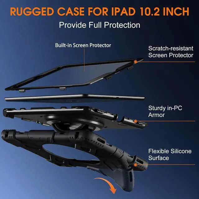 Alt view image 7 of 7 - BONAEVER Case For iPad 9th 8th 7th Generation 10.2 inch with Screen Protector, Shockproof Cover for iPad 10.2 inch 2021 2020 2019 with Pencil Holder, 360° Rotating Hand Strap Kickstand Shoulder Strap
