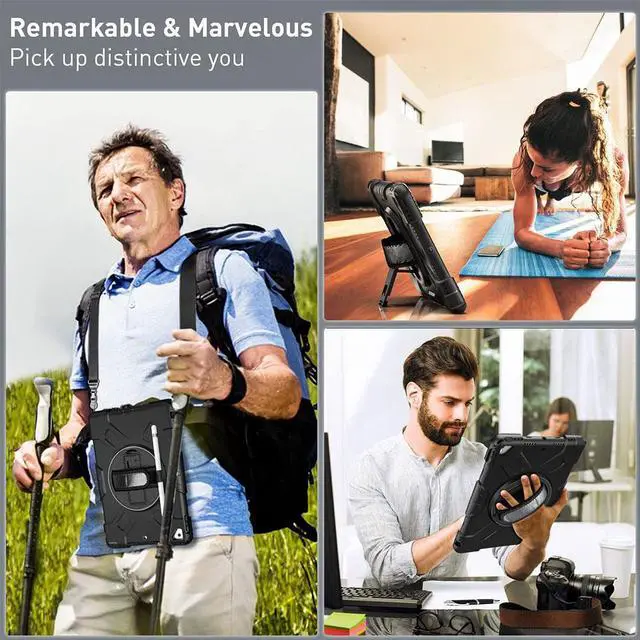 Alt view image 6 of 7 - BONAEVER Case For iPad 9th 8th 7th Generation 10.2 inch with Screen Protector, Shockproof Cover for iPad 10.2 inch 2021 2020 2019 with Pencil Holder, 360° Rotating Hand Strap Kickstand Shoulder Strap