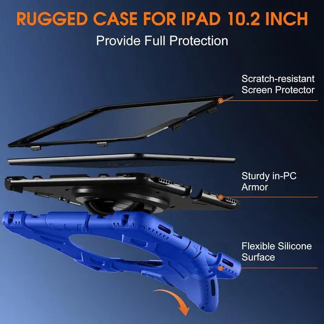 Alt view image 5 of 7 - BONAEVER Case For iPad 9th 8th 7th Generation 10.2 inch with Screen Protector, Shockproof Cover for iPad 10.2 inch 2021 2020 2019 with Pencil Holder, 360° Rotating Hand Strap Kickstand Shoulder Strap