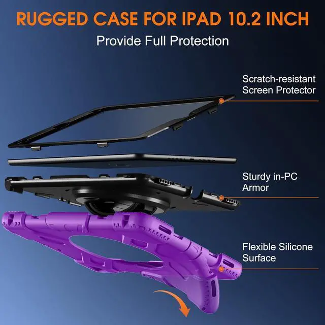 Alt view image 5 of 7 - BONAEVER Case For iPad 9th 8th 7th Generation 10.2 inch with Screen Protector, Shockproof Cover for iPad 10.2 inch 2021 2020 2019 with Pencil Holder, 360° Rotating Hand Strap Kickstand Shoulder Strap
