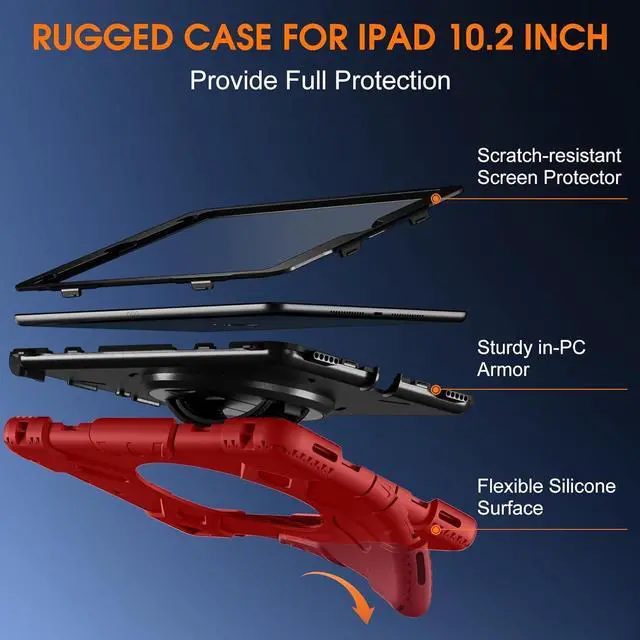 Alt view image 5 of 7 - BONAEVER Case For iPad 9th 8th 7th Generation 10.2 inch with Screen Protector, Shockproof Cover for iPad 10.2 inch 2021 2020 2019 with Pencil Holder, 360° Rotating Hand Strap Kickstand Shoulder Strap