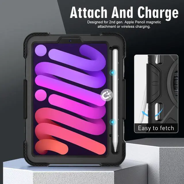 Alt view image 2 of 7 - BONAEVER Case for iPad Mini 7 (A17 Pro) 2024 / iPad Mini 6 8.3 inch 2021 Protective Cover with 360° Rotating Stand, Hand/Shoulder Strap, Pencil Holder
