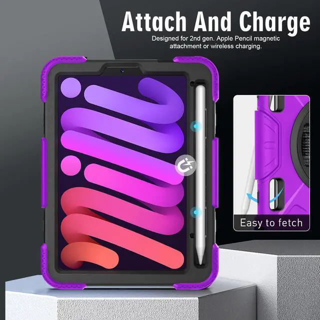 Alt view image 5 of 7 - BONAEVER Case for iPad Mini 7 (A17 Pro) 2024 / iPad Mini 6 8.3 inch 2021 Protective Cover with 360° Rotating Stand, Hand/Shoulder Strap, Pencil Holder Purple