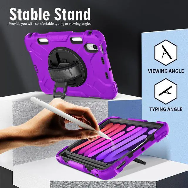 Alt view image 4 of 7 - BONAEVER Case for iPad Mini 7 (A17 Pro) 2024 / iPad Mini 6 8.3 inch 2021 Protective Cover with 360° Rotating Stand, Hand/Shoulder Strap, Pencil Holder Purple