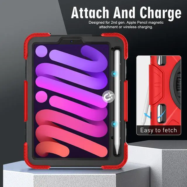 Alt view image 2 of 7 - BONAEVER Case for iPad Mini 7 (A17 Pro) 2024 / iPad Mini 6 8.3 inch 2021 Protective Cover with 360° Rotating Stand, Hand/Shoulder Strap, Pencil Holder Red