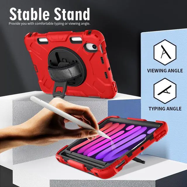 Alt view image 5 of 7 - BONAEVER Case for iPad Mini 7 (A17 Pro) 2024 / iPad Mini 6 8.3 inch 2021 Protective Cover with 360° Rotating Stand, Hand/Shoulder Strap, Pencil Holder Red
