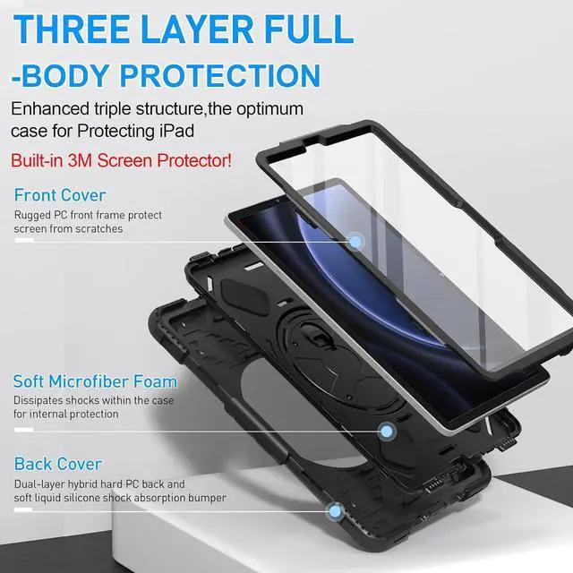 Alt view image 7 of 7 - BONAEVER Case for Samsung Galaxy Tab S10 Lite/ S10 FE/ S9 FE 5G 10.9 Inch / Tab S9 11 Inch with Screen Protector Pencil Holder [360 Rotating Hand Strap] & Stand, ShockProof Protective Cover