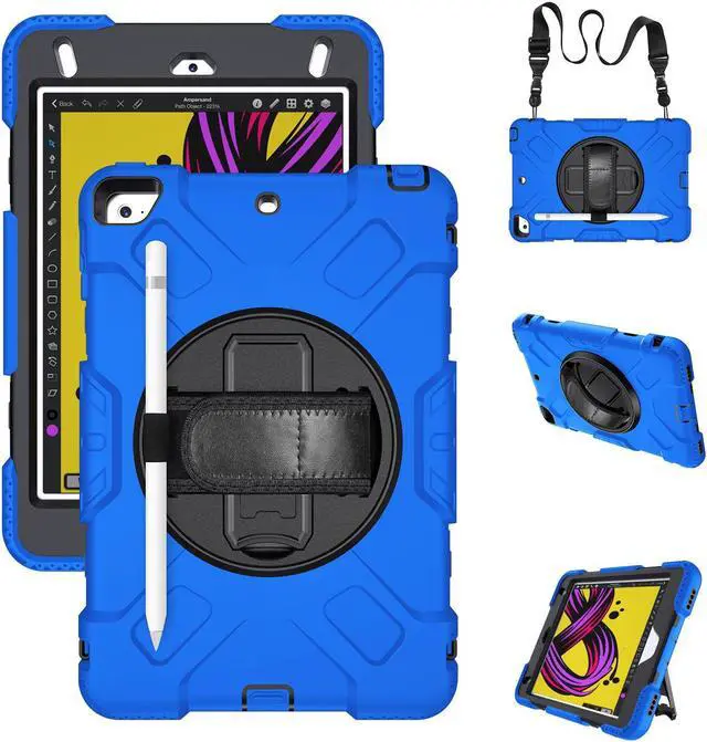 Main image of BONAEVER iPad Mini 5 Case, iPad Mini 4 Case, Protective Rugged Cover with Pencil Holder, Hand Strap, Kickstand, Shoulder Strap for iPad Mini 5th/4th Gen 7.9 Inch for Kids Blue