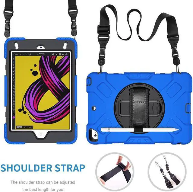 Alt view image 6 of 7 - BONAEVER iPad Mini 5 Case, iPad Mini 4 Case, Protective Rugged Cover with Pencil Holder, Hand Strap, Kickstand, Shoulder Strap for iPad Mini 5th/4th Gen 7.9 Inch for Kids Blue
