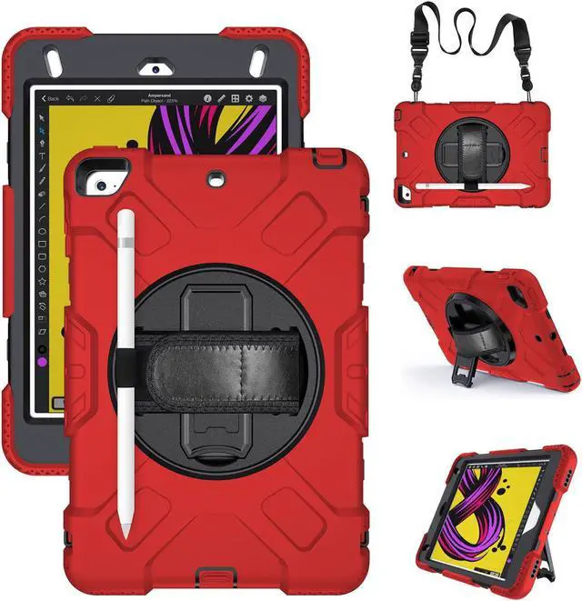 Main image of BONAEVER iPad Mini 5 Case, iPad Mini 4 Case, Protective Rugged Cover with Pencil Holder, Hand Strap, Kickstand, Shoulder Strap for iPad Mini 5th/4th Gen 7.9 Inch for Kids Red