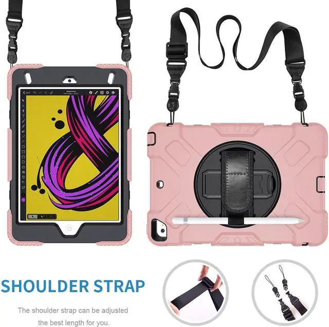 Alt view image 6 of 7 - BONAEVER iPad Mini 5 Case, iPad Mini 4 Case, Protective Rugged Cover with Pencil Holder, Hand Strap, Kickstand, Shoulder Strap for iPad Mini 5th/4th Gen 7.9 Inch for Kids Rose Gold