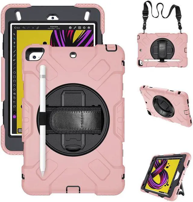 Main image of BONAEVER iPad Mini 5 Case, iPad Mini 4 Case, Protective Rugged Cover with Pencil Holder, Hand Strap, Kickstand, Shoulder Strap for iPad Mini 5th/4th Gen 7.9 Inch for Kids Rose Gold