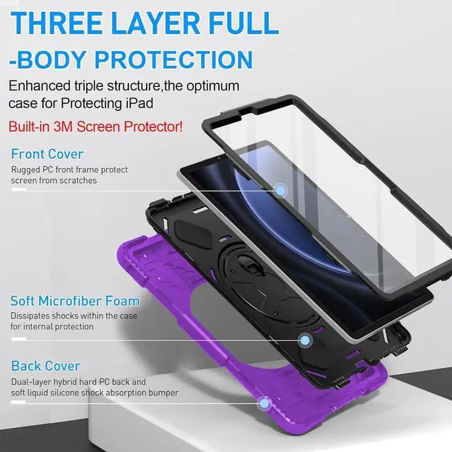 Alt view image 7 of 7 - BONAEVER Case for Samsung Galaxy Tab S10 Lite/ S10 FE/ S9 FE 5G 10.9 Inch / Tab S9 11 Inch with Screen Protector Pencil Holder [360 Rotating Hand Strap] & Stand, ShockProof Protective Cover